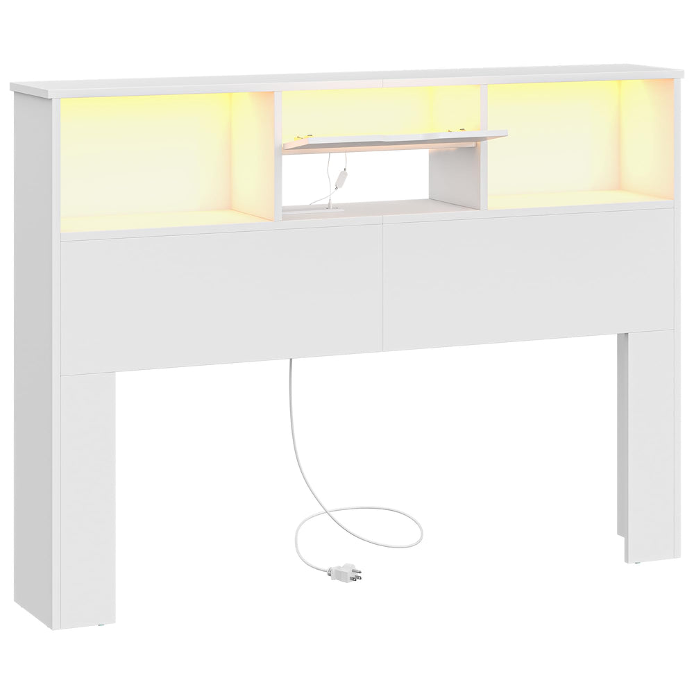 Queen Size Bookcase Headboard with Storage, LED Lights & Charging Station