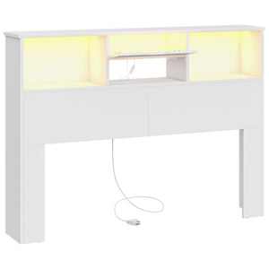 Queen Size Bookcase Headboard with Storage, LED Lights & Charging Station