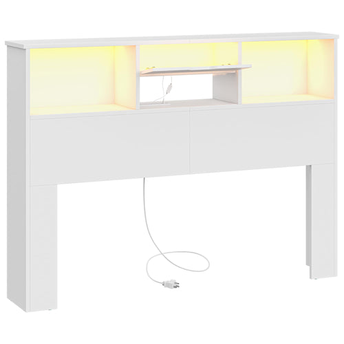 Queen Size Bookcase Headboard with Storage, LED Lights & Charging Station