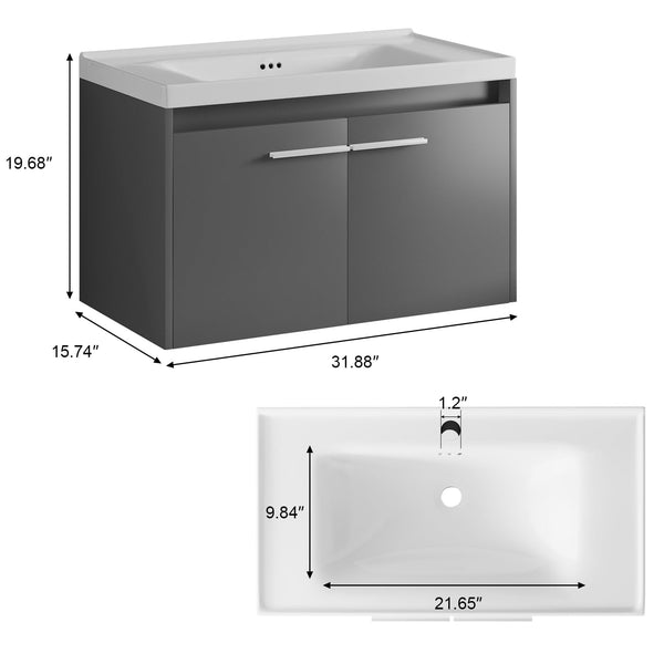 31" Floating Bathroom Vanity with LED Light & Ceramic Sink