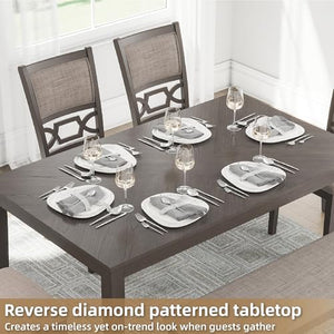 6-Piece Transitional Dining Table Set with Bench and Upholstered Chairs, Seats 6