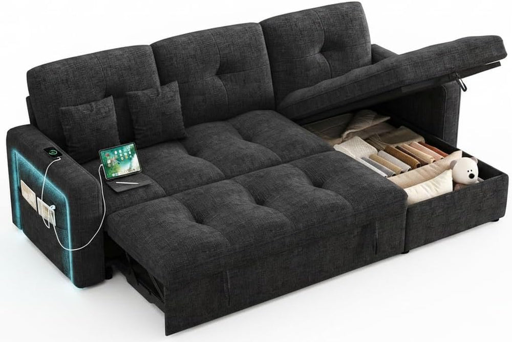 HIFIT 81" LED Sectional Sleeper Sofa with Pull Out Couch Bed, Convertible L Shaped Couch with Storage & USB & Adjustable Backrest & 2 Pillows, Chenille Sectional Couch for Living Room Bedroom, Black