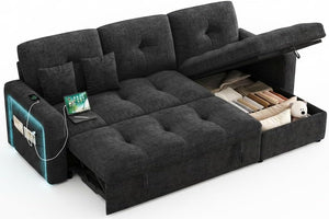 HIFIT 81" LED Sectional Sleeper Sofa with Pull Out Couch Bed, Convertible L Shaped Couch with Storage & USB & Adjustable Backrest & 2 Pillows, Chenille Sectional Couch for Living Room Bedroom, Black