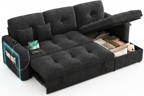 HIFIT 81" LED Sectional Sleeper Sofa with Pull Out Couch Bed, Convertible L Shaped Couch with Storage & USB & Adjustable Backrest & 2 Pillows, Chenille Sectional Couch for Living Room Bedroom, Black