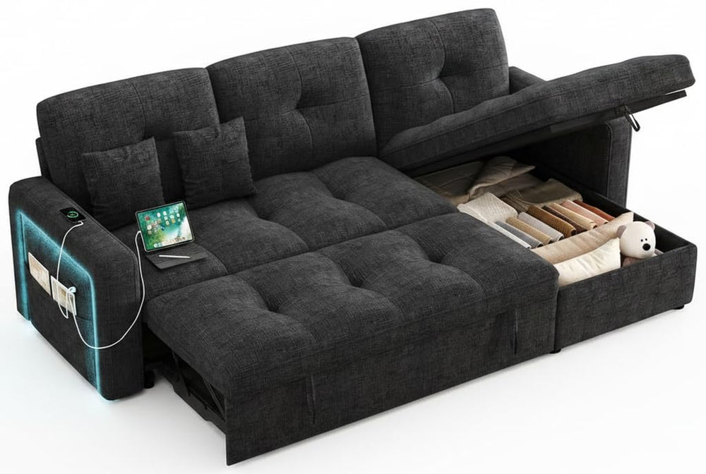 HIFIT 81" LED Sectional Sleeper Sofa with Pull Out Couch Bed, Convertible L Shaped Couch with Storage & USB & Adjustable Backrest & 2 Pillows, Chenille Sectional Couch for Living Room Bedroom, Black