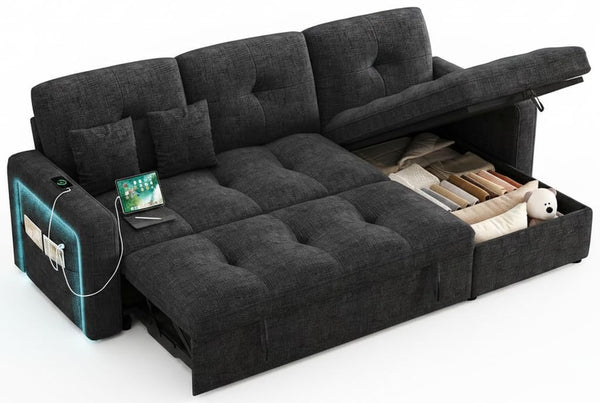 HIFIT 81" LED Sectional Sleeper Sofa with Pull Out Couch Bed, Convertible L Shaped Couch with Storage & USB & Adjustable Backrest & 2 Pillows, Chenille Sectional Couch for Living Room Bedroom, Black
