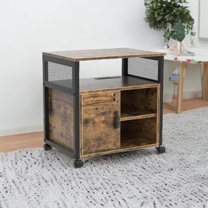 Rolling File Cabinet with Power Outlets, Locking Door & Open Shelves