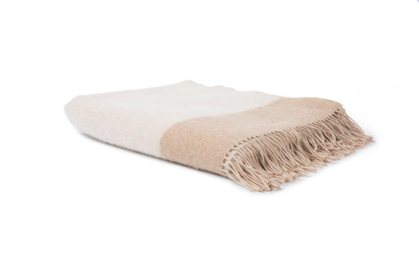 100% Cashmere Throw Blanket — Natural Beige, 67"x57", Reversible Jacquard with Fringe