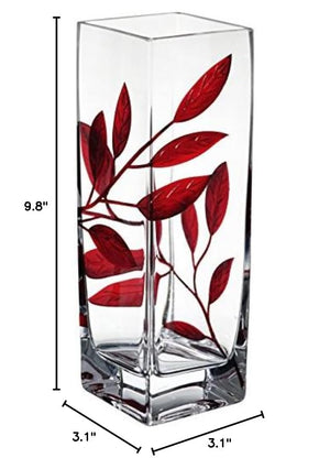 Hand-Blown Glass Square Vase with Red Leaf Decoration