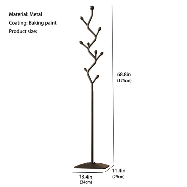 Tree-Shaped Metal Coat Rack Stand with 8 Hooks & Cast Iron Base