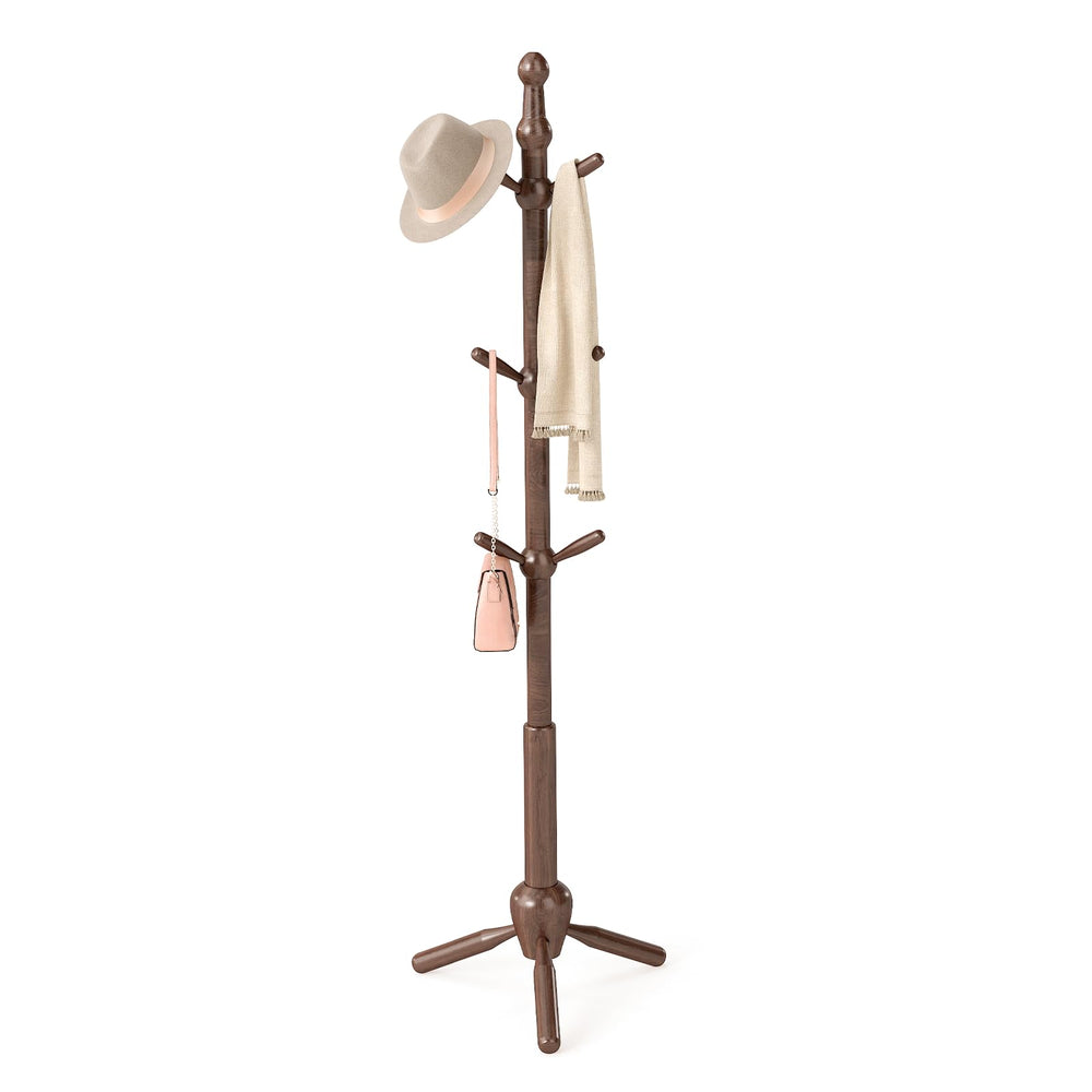Solid Wood Coat Rack Stand with 9 Hooks & Adjustable Height