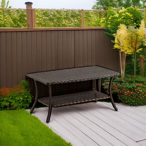 Wicker Patio Coffee Table with 2-Tier Storage
