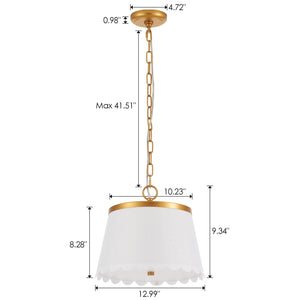 Cream White Fabric Drum Pendant Light – 3-Light Chandelier with Antique Brass Finish