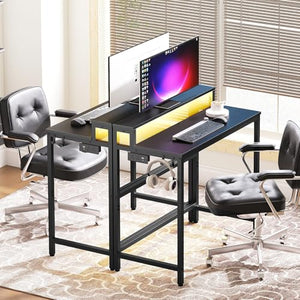 2-Tier Gaming Desk with Monitor Stand, Charging Station & LED Lights