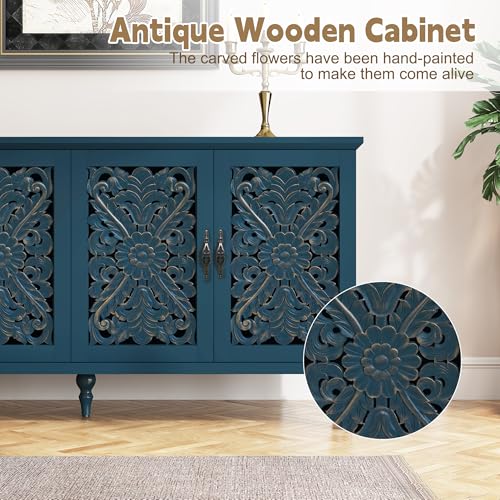 Hollow Carved Wood Accent Cabinet with 4 Doors