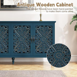 Hollow Carved Wood Accent Cabinet with 4 Doors
