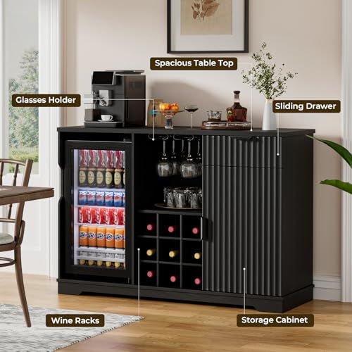 Fluted Coffee Bar Cabinet with Built-In Mini Fridge, Wine Rack & Glass Holder
