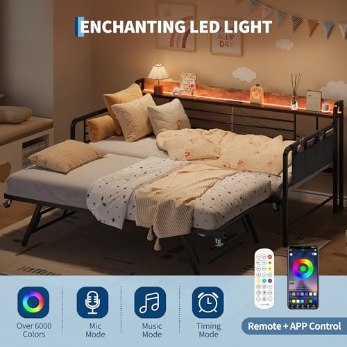Twin Daybed with Pop-Up Trundle, RGB LED Headboard & Charging Station