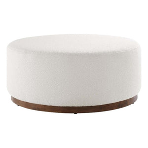 38" Round Boucle Upholstered Ottoman with Wood Base