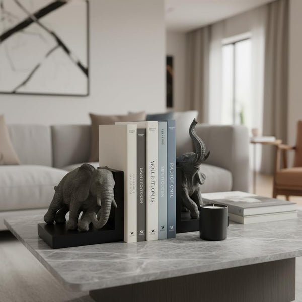 Elephant Bookends – Gray & Black Resin Duo