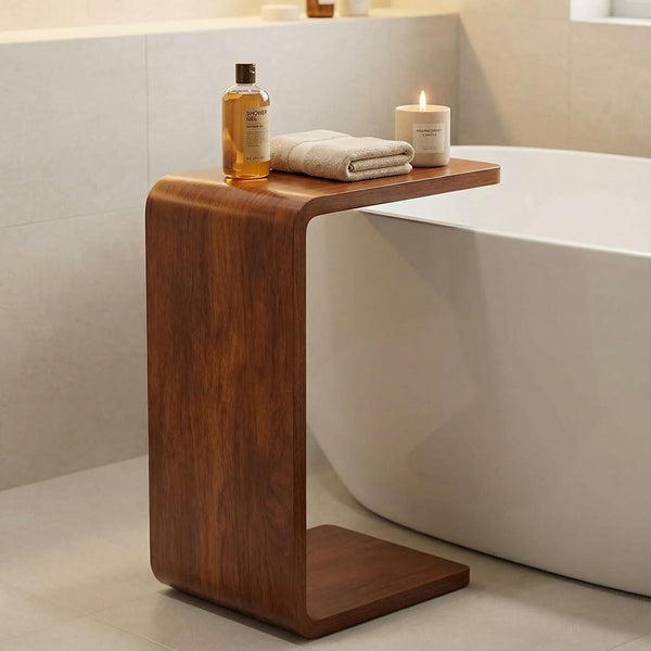 C Shaped End Table with Flip Top - Solid Wood Couch Side Table