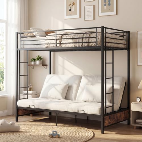 Twin Over Twin Futon Bunk Bed with Ladders & Guardrails