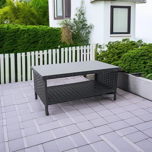 Outdoor Wicker Coffee Table with 2-Layer Glass Storage