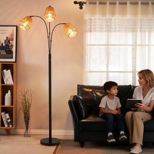 Arc Floor Lamp with Rattan Shades & Rotatable Arms