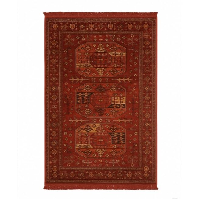 Traditional Persian Oriental Area Rug 5x8 – Red Gold Medallion, Polypropylene, Indoor