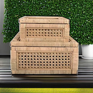 Rattan & Wood Display Boxes with Glass Top – Set of 2