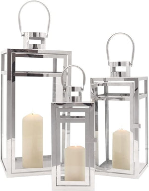 Metal Lantern Set of 3 – Assorted Sizes with Glass Panels