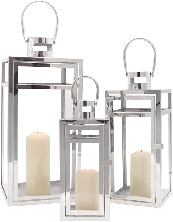 Metal Lantern Set of 3 – Assorted Sizes with Glass Panels