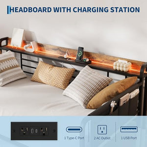 Twin Daybed with Pop-Up Trundle, RGB LED Headboard & Charging Station