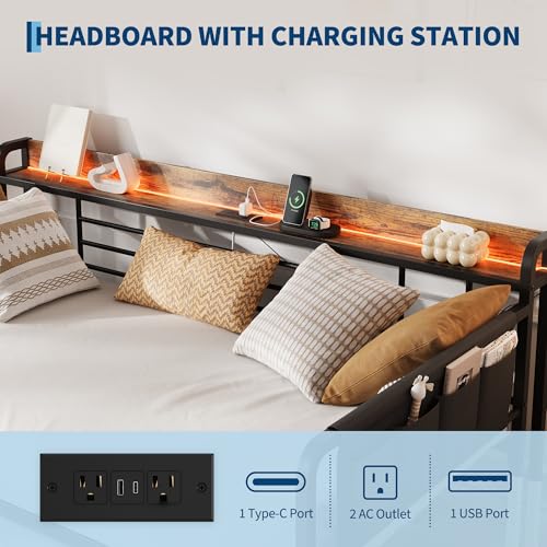Twin Daybed with Pop-Up Trundle, RGB LED Headboard & Charging Station