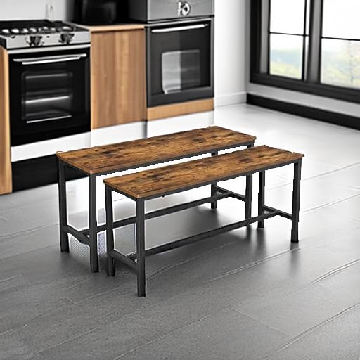 Rustic Brown Dining Bench Set of 2 with Steel Frame