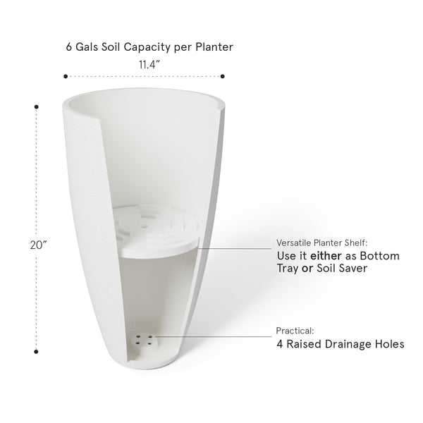Tall Round Planters Set of 2 with Drainage Holes and Shelf