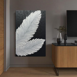 Hand-Painted Black & White Abstract Feather Oil Painting on Canvas – Framed & Ready to Hang