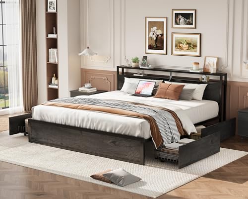 King Size Storage Bed Frame with Charging Headboard
