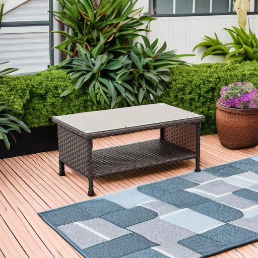 Outdoor Wicker Patio Coffee Table with 2-Layer Storage and Glass Top