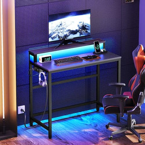 2-Tier Gaming Desk with Monitor Stand, Charging Station & LED Lights