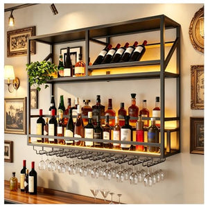 Wall Mounted Bar Shelf with LED & Wine Glass Rack