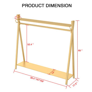 Clothes rack Gold, Freestanding Industrial Garment Rack with Double shelves Multi-functional Bedroom Hanging Clothing Rack,Heavy Duty Movable Coat Rack for Organizing Clothes and Shoes (59'' L)