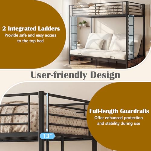 Twin Over Twin Futon Bunk Bed with Ladders & Guardrails