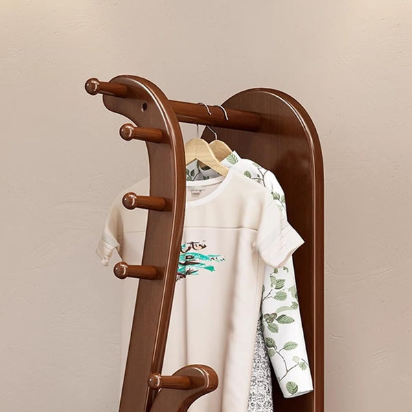 Rotating Floor Coat Rack with Dressing Mirror & Solid Wood Storage