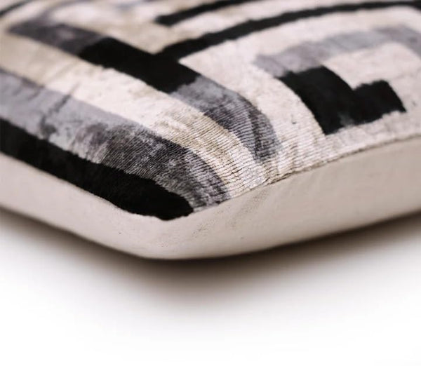 Black & Silver Maze Silk Velvet Throw Pillow 16x16