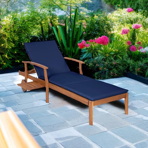 Acacia Wood Outdoor Chaise Lounge Chair with Adjustable Backrest and Side Table