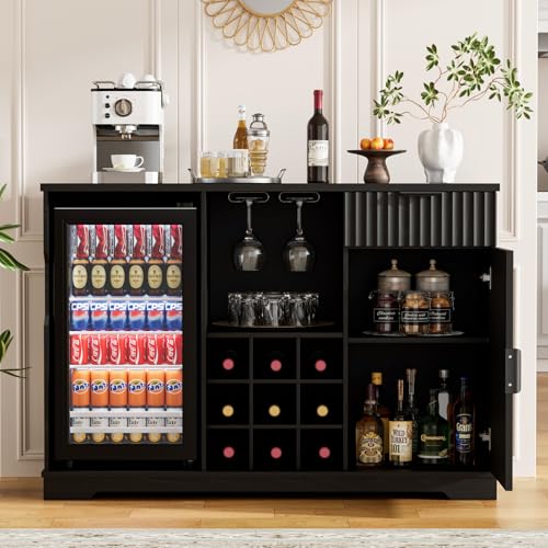 Fluted Coffee Bar Cabinet with Built-In Mini Fridge, Wine Rack & Glass Holder
