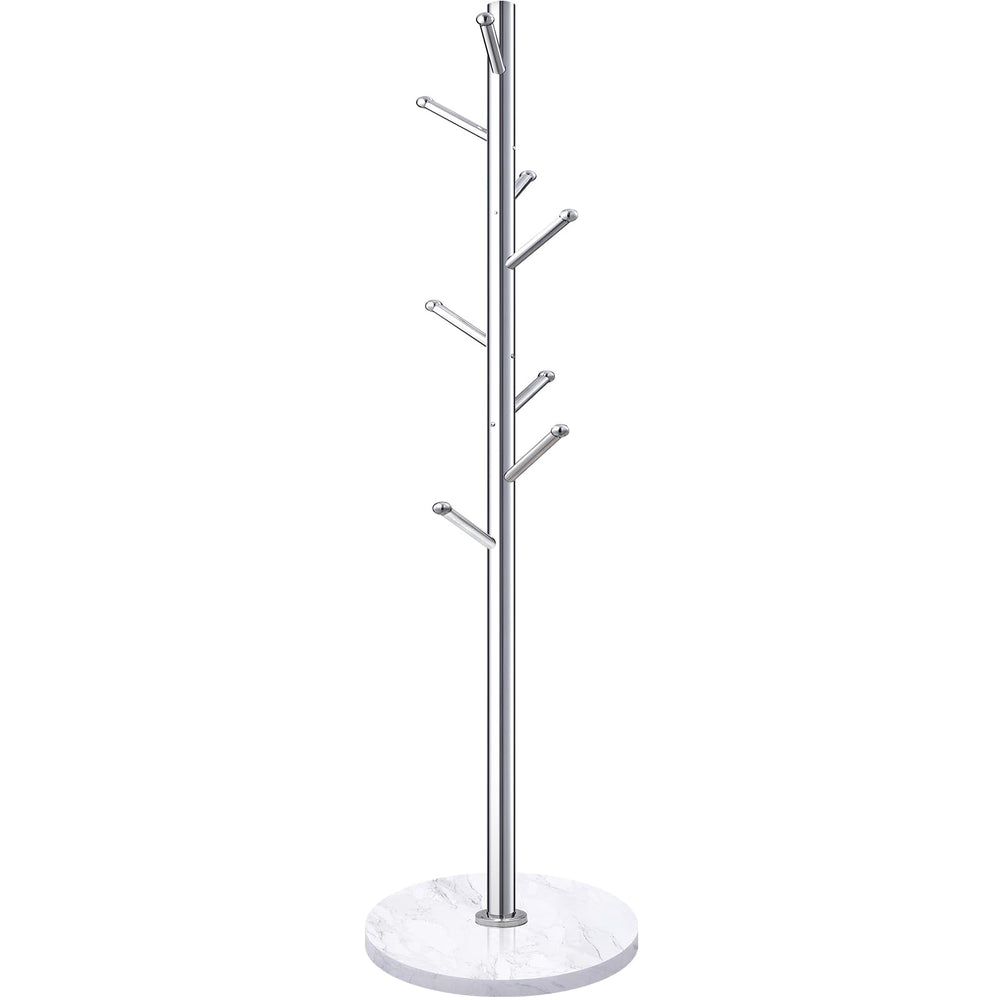 Freestanding Coat Rack with Marble Base & 8 Hooks — Silver