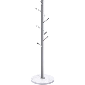 Freestanding Coat Rack with Marble Base & 8 Hooks — Silver