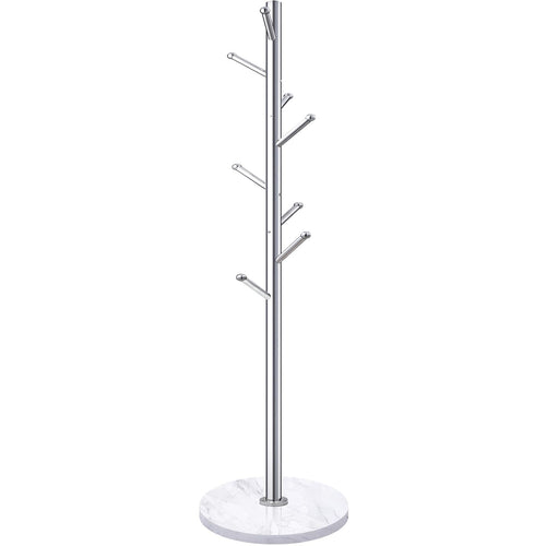 Freestanding Coat Rack with Marble Base & 8 Hooks — Silver